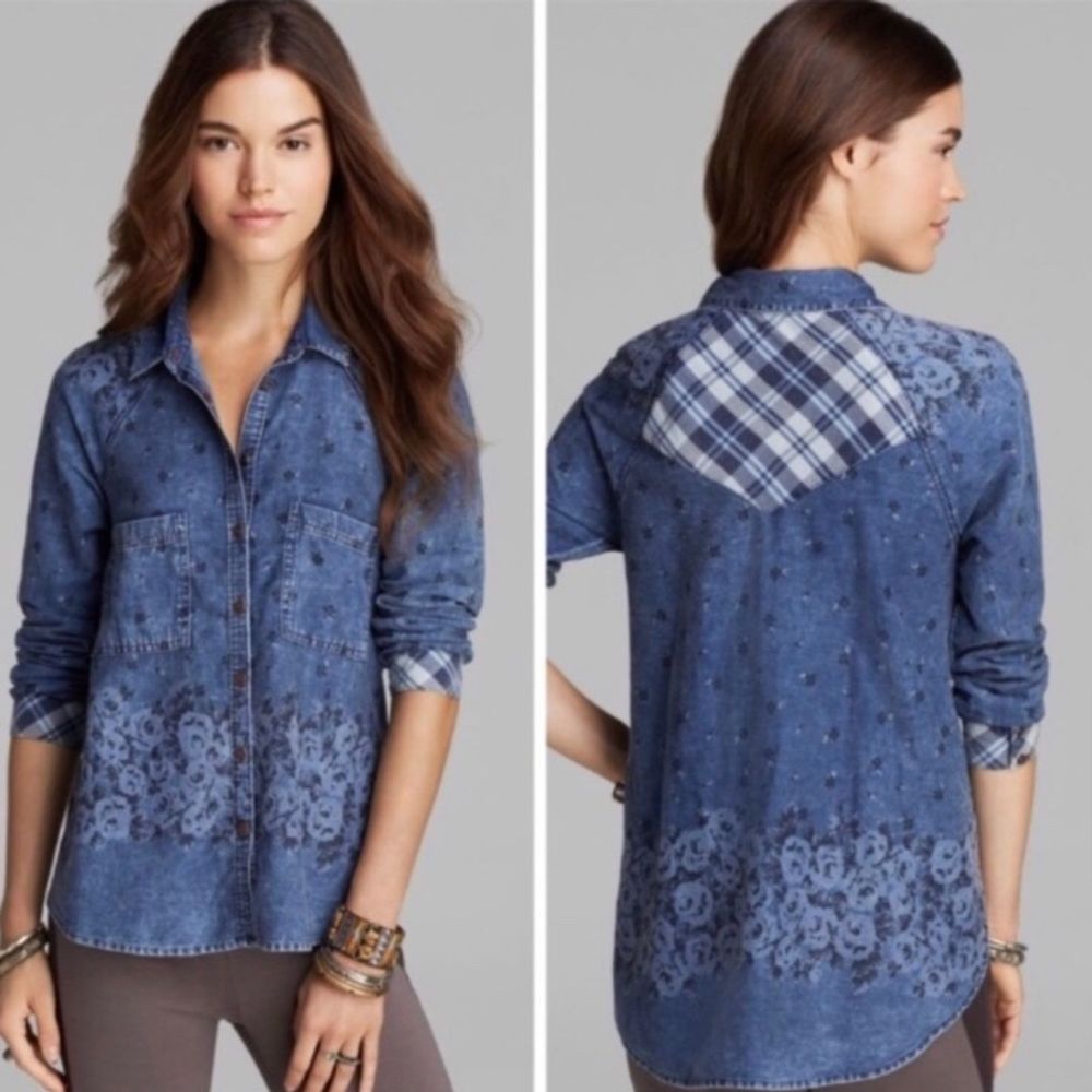 Free People Plaid and Floral Chambray Shirt